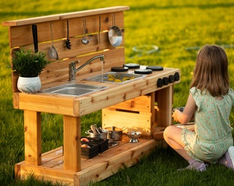 Cedar Mud Kitchen with Faucet and Oven | Play Kitchen for Toddlers and Kids | Handmade | Sensory Play | Sand and Water Table | Montessori