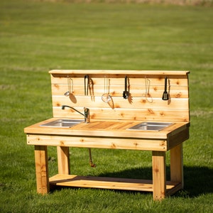 Centered Simple Mud Kitchen with Backsplash | Outdoor Pretend Kitchen & Working Sink | Montessori Kids | Backyard Wooden Toy | Sensory Table