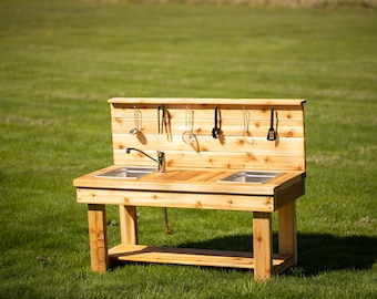 Centered Simple Mud Kitchen with Backsplash | Outdoor Pretend Kitchen & Working Sink | Montessori Kids | Backyard Wooden Toy | Sensory Table