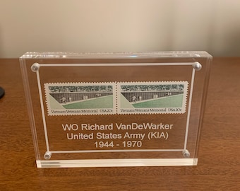 Personalized Vietnam Veterans Memorial Commemorative Vintage Stamp Display. Includes Gift Box