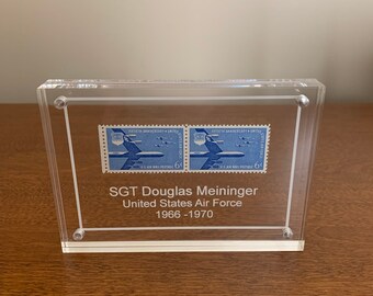 Personalized Air Force Commemorative Vintage Stamp Display for Active Duty or Veterans. Includes Gift Box