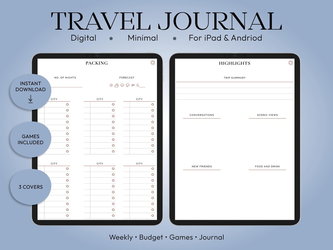 Digital Travel Journal | iPad Goodnotes Planner | Trip, Vacation, Packing List | Travel Games ...