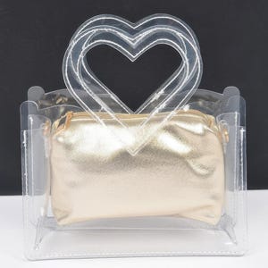 Bolso de mano transparente con asa en forma de corazón para mujer, elegante y transparente con bolsillo interior, ideal para usar todo el día, ideal para bodas, fiestas y eventos.