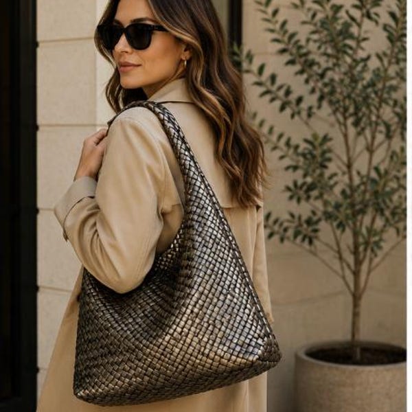 Pewter Woven Hobo Tote Bag, Recycled Vegan Leather Shoulder Handbag (14" x 5" x 12")