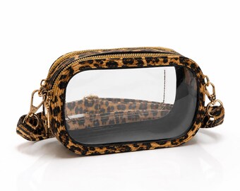 Leopardenmuster Klare Stadion-Tasche, Doppel-Reißverschluss-Konzert-Umhängetasche, Personalisierbare Spieltag Geldbörse