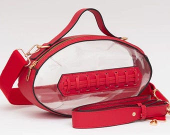 Red Clear Stadium Purse: Football-Shaped Vegan Leather Crossbody for Custom Personalization Supplies