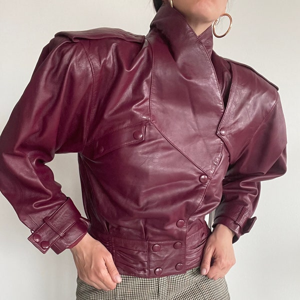 True rare vintage iconic 80s statement shoulders maroon color dead stock new with tags genuine leather jacket S/M