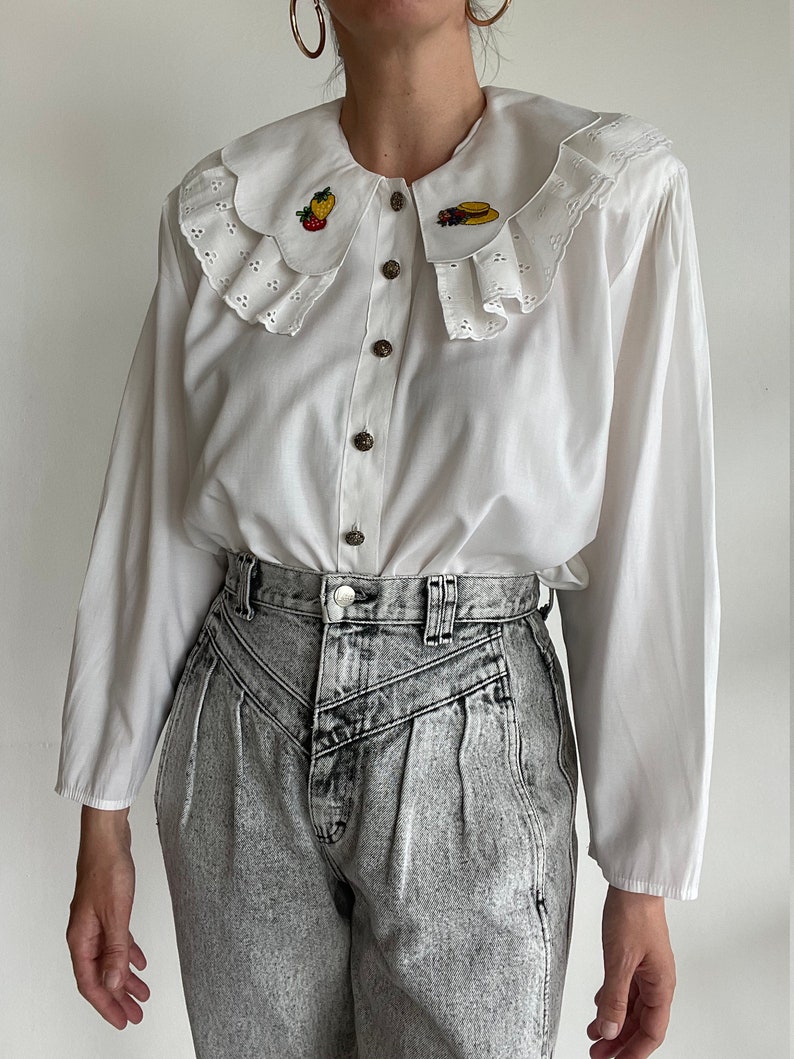 Vintage 80s double embroidered collar white 100/% viscose blouse