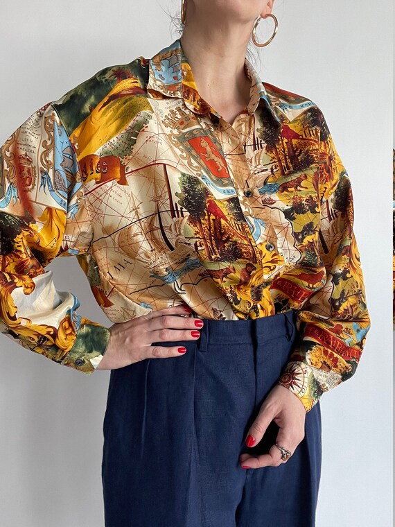 ICE BLUE Silk BLOUSE Vintage 80 Woman Button-Up Shirt Peplum Blouse Blue Silk Shirt Jewel Buttons sz 4244