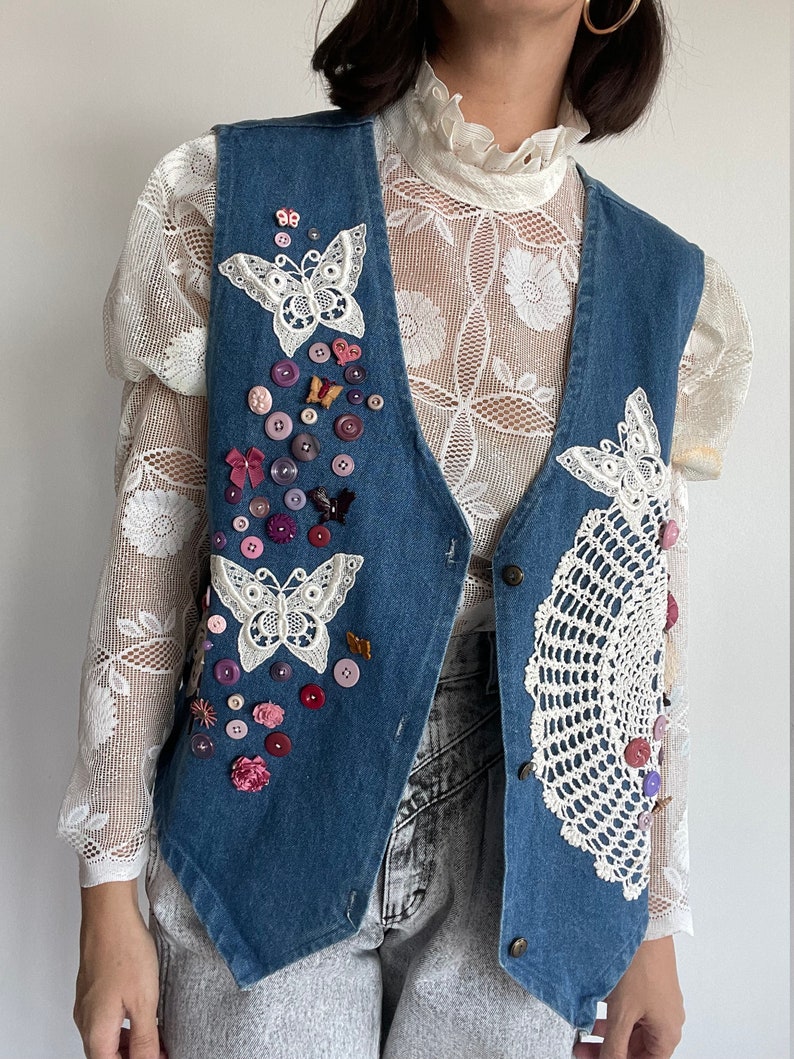 Vintage Denim Embroidered Vest Butterflies Crochet and Buttons - Etsy