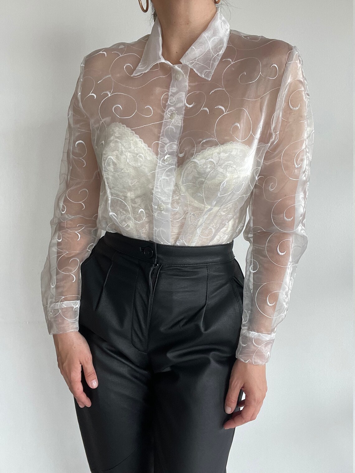 Vintage white sheer embroidered organza elegant blouse size Etsy