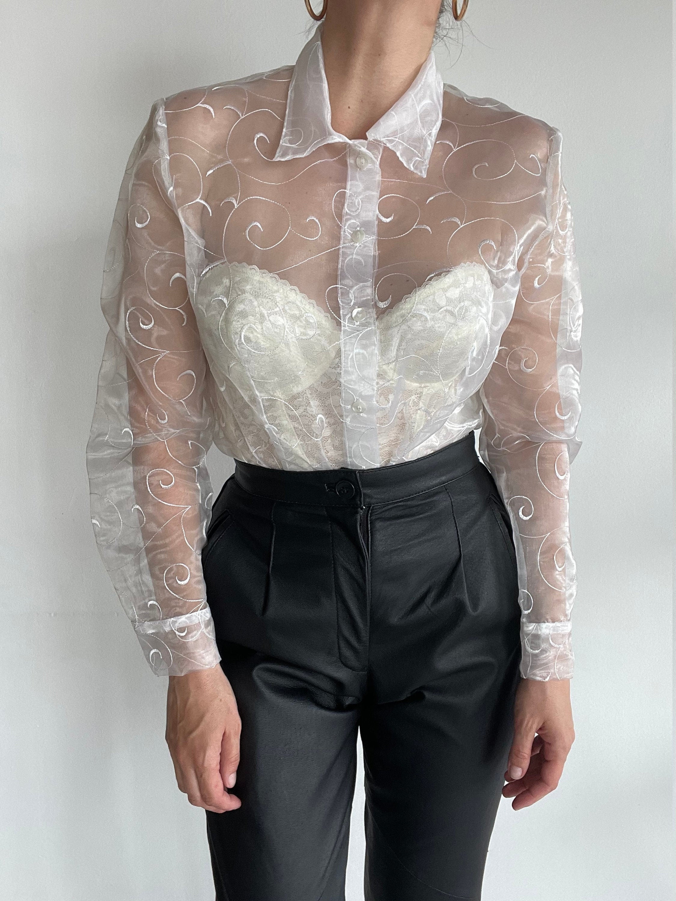 Vintage white sheer embroidered organza elegant blouse size Etsy