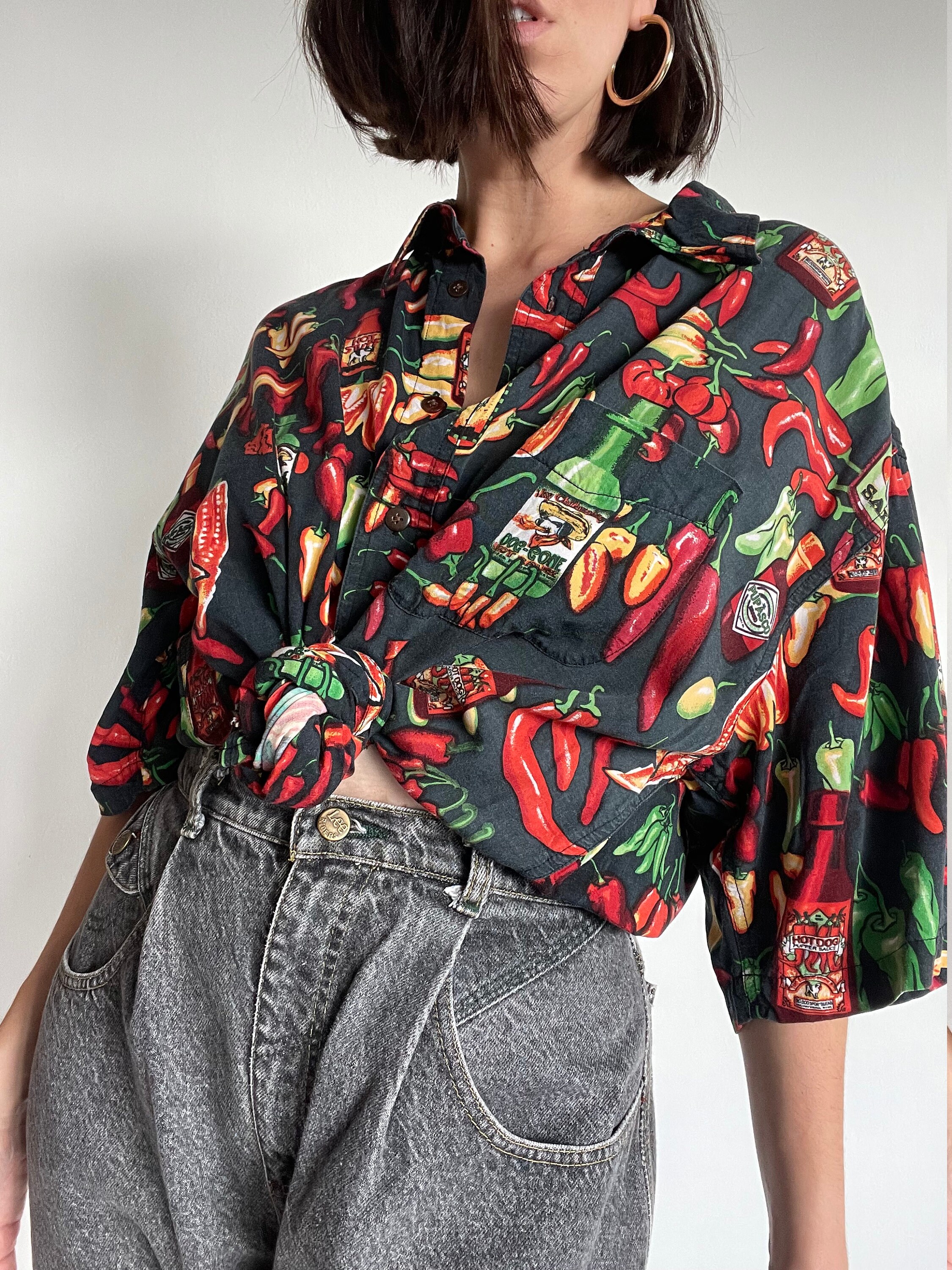 Vintage men's funny button up shirt hot pepper jalapeño Etsy