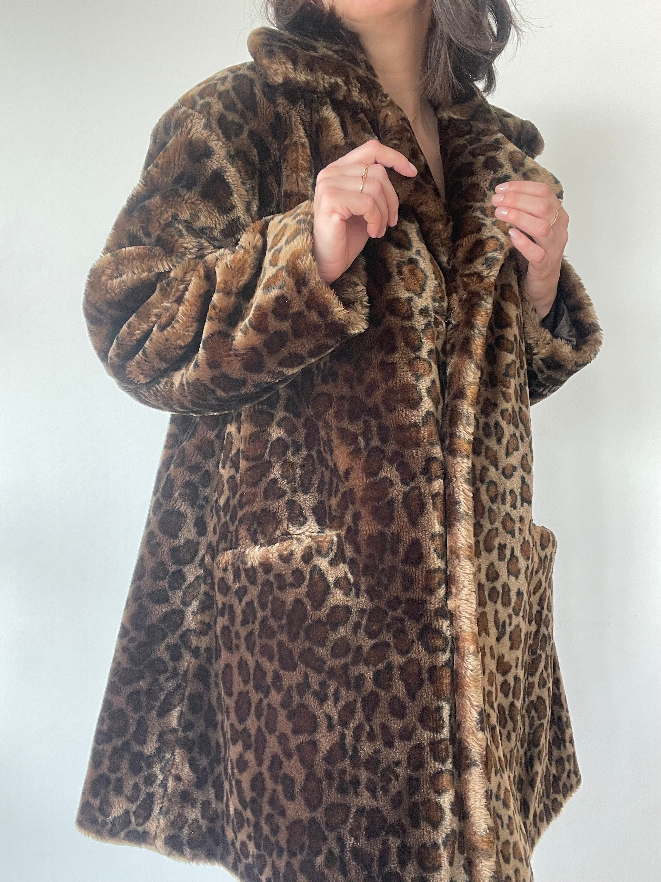 Vintage Leopard Faux Fur Jacket Pockets 