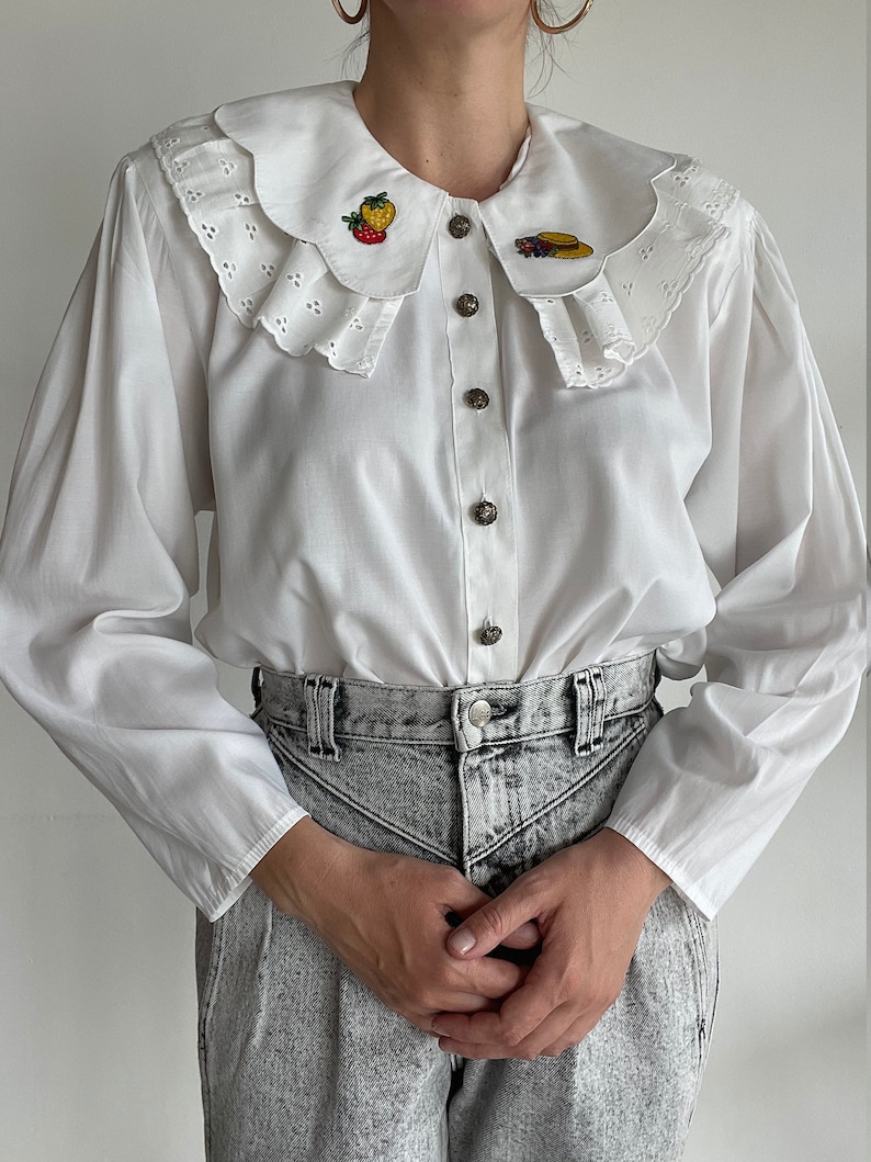 Vintage 80s double embroidered collar white 100/% viscose blouse