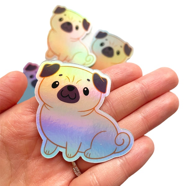 Pug Holographic Sticker, Pug Decal Sticker, Dog Sticker, Pug Lover Sticker, Cute Sticker, Fawn Pug Sticker, Dog Mom, Holographic sticker