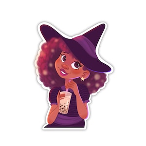Witch Sticker with Bubble Tea, Boba Tea Sticker, Halloween Witch Sticker, Cute Witch Sticker, Halloween Vinyl, Bubble Tea Laptop Decal
