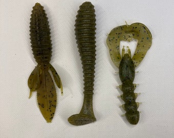 Señuelos de plástico blando, juego de tres, verde, crawdad, pez y un insecto