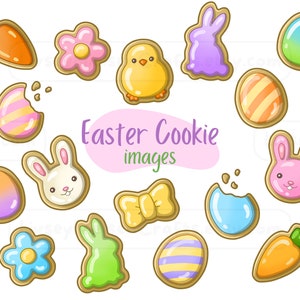May include: A set of 13 Easter cookie images, including a chick, bunny, carrot, flower, bow, and various Easter egg designs. The images are in a cartoon style and are perfect for use in digital or printed projects.