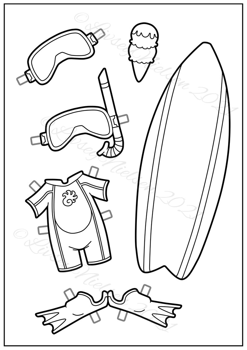 Beach Holiday Paper Doll Printable Download B&amp;W - Etsy