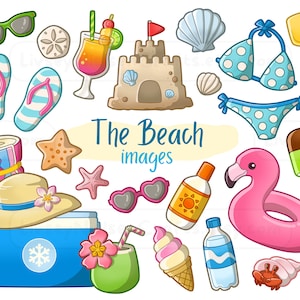 Può includere: Una collezione di illustrazioni colorate a tema spiaggia, tra cui un castello di sabbia, infradito, un asciugamano da spiaggia, una conchiglia, una stella marina, una bottiglia di crema solare, una noce di cocco, un galleggiante a forma di fenicottero, un ghiacciolo, una borsa da spiaggia, occhiali da sole, una bevanda, una pala e un bikini.