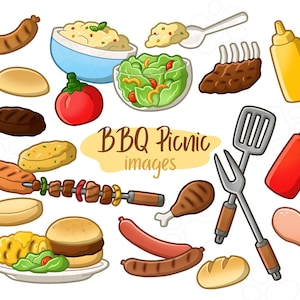 May include: A collection of cartoon illustrations of food and grilling tools for a BBQ picnic.  The illustrations include a hamburger, hot dogs, corn on the cob, salad, potato salad, skewers, chicken legs, a spatula, a fork, and a ketchup bottle.