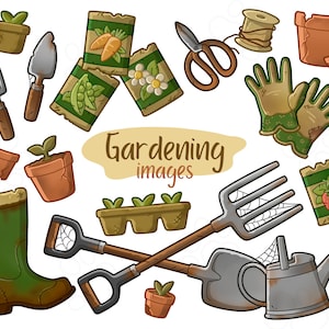 May include: A set of gardening tools and supplies, including a watering can, a shovel, a rake, a pair of gloves, seed packets, and small potted plants. The image also includes a pair of scissors, a spool of twine, and a boot.