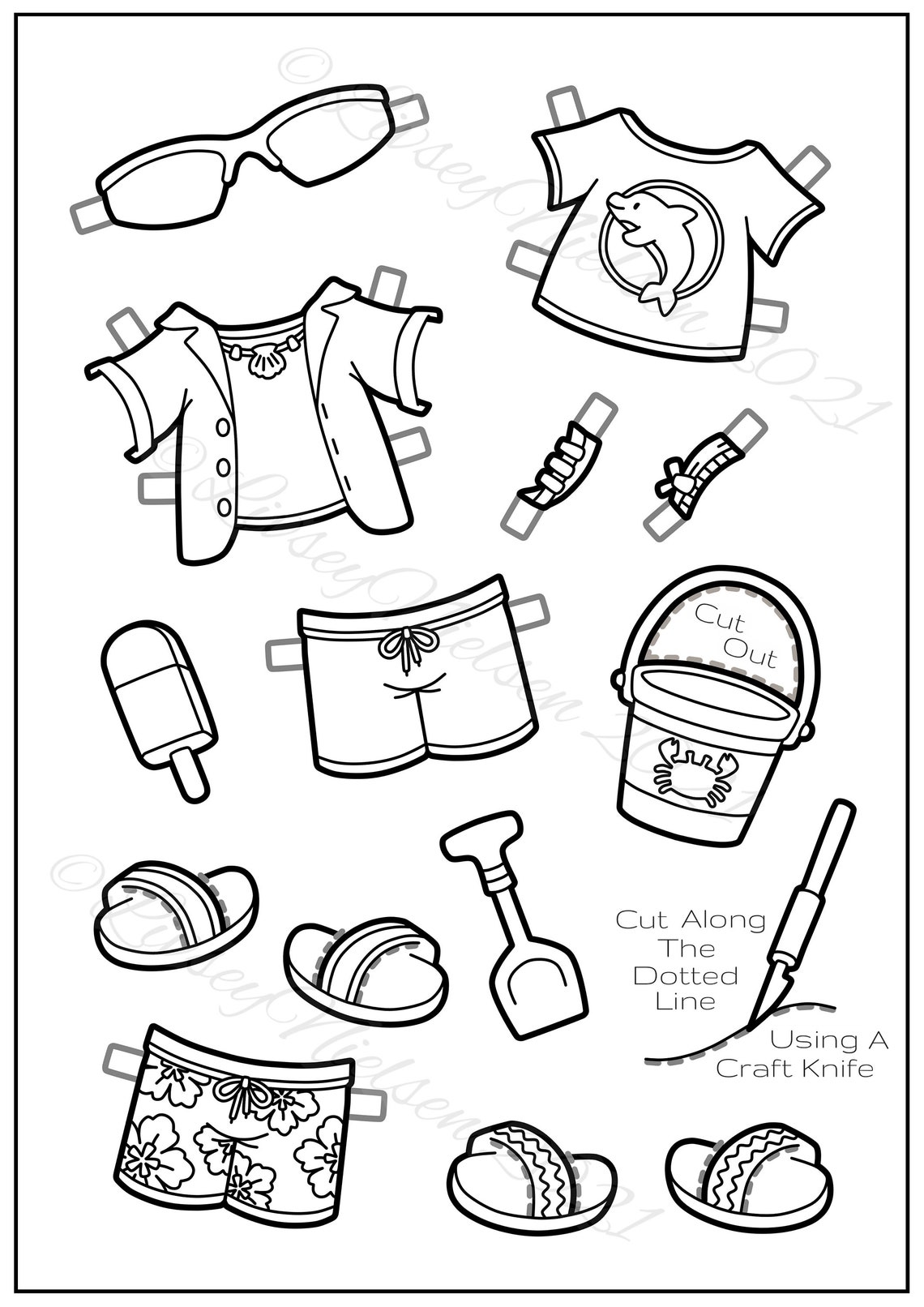 Beach Holiday Paper Doll Printable Download B&amp;W - Etsy
