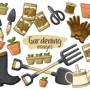 Puede incluir: Un conjunto de herramientas y suministros de jardinería, que incluye una pala, un rastrillo, una azada, guantes, una regadera, paquetes de semillas y macetas. Las herramientas están ilustradas en un estilo de dibujos animados y son perfectas para un proyecto de artesanía con temática de jardinería.