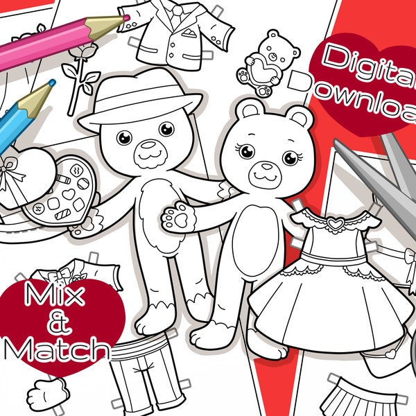 Romantic Date Paper Dolls - Printable Download - B&W Colouring Pages