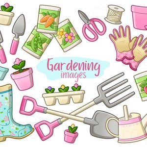 Puede incluir: Un conjunto de ilustraciones con temática de jardinería, que incluye un par de guantes de jardinería rosas, una regadera rosa, una pala rosa, un tenedor rosa, un par de tijeras rosas, una bota de lluvia azul y blanca, una lata de guisantes verde y blanca, una lata de zanahorias verde y blanca, una lata de fresas verde y blanca, una maceta azul y blanca con una planta, una maceta rosa con una planta, una maceta azul, una maceta rosa, una maceta blanca con seis plantas, un carrete de cuerda blanco y un cartel que dice "Imágenes de jardinería".