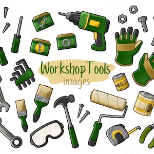 May include: A collection of workshop tools, including a drill, paint brushes, wrenches, a hammer, a paint roller, safety glasses, a tape measure, pliers, and work gloves. The tools are illustrated in a cartoon style with green and yellow accents.