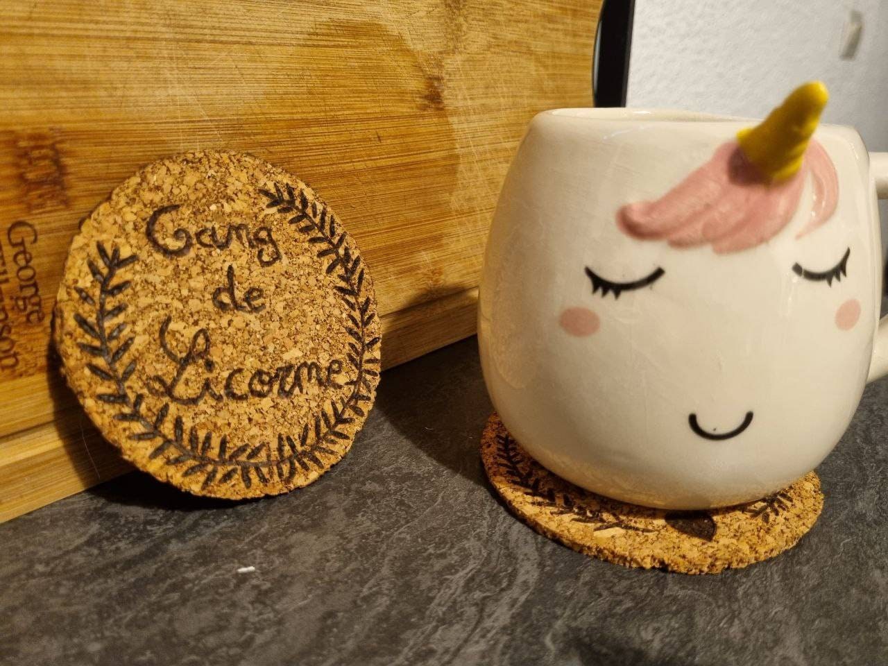 Dessous de Verre Licorne Pyrogravure en Liège