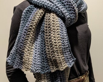 Super long crocheted blue and gray striped scarf