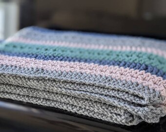 Extra Long Crochet Scarf, Soft Lavender, Grey, Blue, Green Stripes