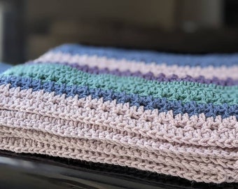 Extra Long Crochet Scarf, Purple Grey Blue Green Stripes