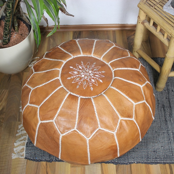 Pouf rond marocain en cuir, tabouret en cuir fait main, coussin de siège authentique, pouf de salon, coussin de yoga, marron clair