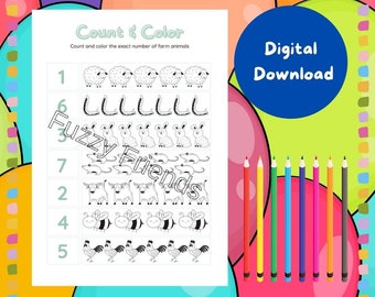 Animal Count And Colour Sheets | Counting & Colouring | DIGITAL DOWNLOAD | Animal Colouring Sheets | Fun Colouring Educational