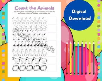 Animal Count And Colour Sheets | Counting & Colouring | DIGITAL DOWNLOAD | Animal Colouring Sheets | Fun Colouring Educational