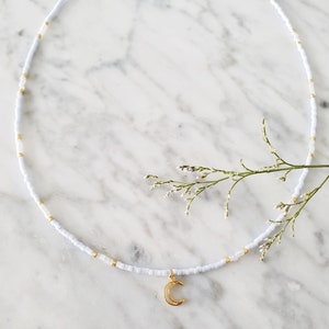 Gold Layered Necklace, 16K Gold Plated Crescent Moon Necklace, Delicate Layered Necklace, Bead Necklace with Moon Charm, Seed Bead Necklace