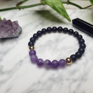 6mm Matte Amethyst Black Onyx Beaded Bracelet, Gold Hematite Beads, Amethyst Healing Stones Bracelet, Minimalist Beaded Stack Bracelet Set