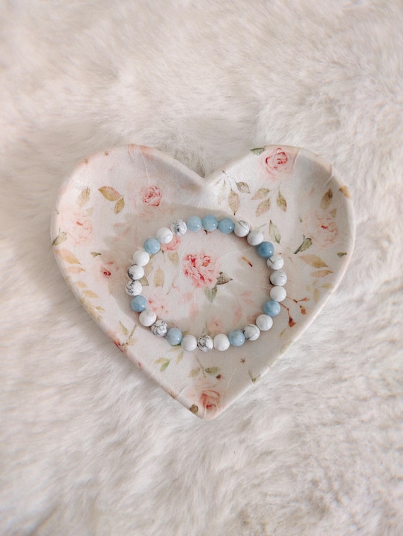 Aquamarine and Howlite Beaded Bracelet 6mm, Beaded Stack Bracelet Set, Matte Crackled Quartz, Raw Crystal Bracelet, Aquamarine Bead Bracelet