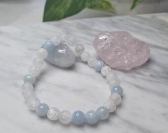 Natural Aquamarine and Matte Crackled Quartz 6mm Beaded Bracelet, Ocean Beaded Bracelet, Bracelet For Women, Stretch Bracelet, Crystal Set