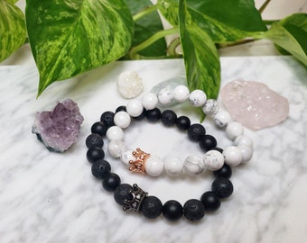 Matte Onyx and Howlite Couple Bracelet Set, King and Queen Matching Beaded Bracelet, Personalized Couples Bracelet, Long Distance Couples