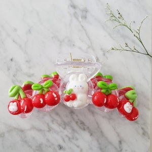 Cherry Bunny Claw Clip, Cute Hair Accessories, Hair Claw, Claw Clips, Resin Charm Hair Clips, Decoden Claw Clips, Cherry, Kawaii Claw Clips