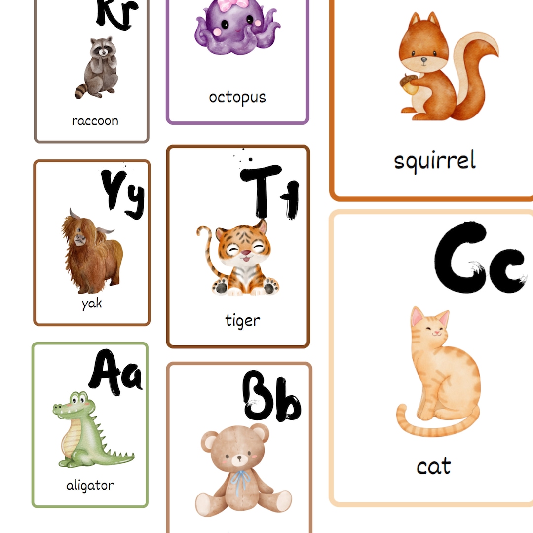Animal Watercolor Alphabet Flash Cards Montessori Preschool Learn ABC ...