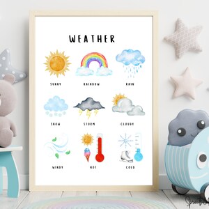 Cartel meteorológico, gráfico meteorológico, decoración de pared para niños, impresión educativa, guardería Montessori, decoración de educación en el hogar, descarga digital