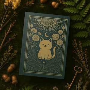 Op de afbeelding: Een teal notitieboek met een gouden illustratie van een lachende kat, zon, maan en bloemmotieven. Het notitieboek is omgeven door groen, eikels en een vintage sleutel, wat een grillig, door de natuur geïnspireerd thema creëert.