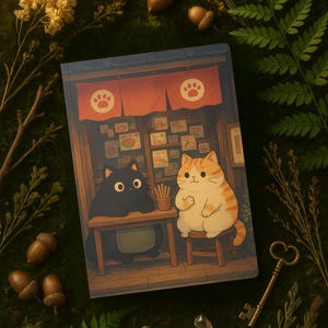 May include: Notebook with a whimsical illustration of two cartoon cats in a Japanese restaurant setting. The black cat sits behind a counter, while the orange tabby sits on a stool. The background features food images and red curtains.