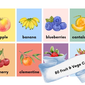 80 Fruit and Vegetables Flashcards | Digital Download Printable PDF | Montessori Watercolor color cards | Instant Access | Exotic & Tropical